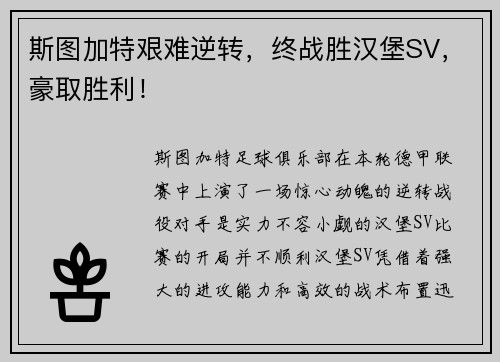 斯图加特艰难逆转，终战胜汉堡SV，豪取胜利！